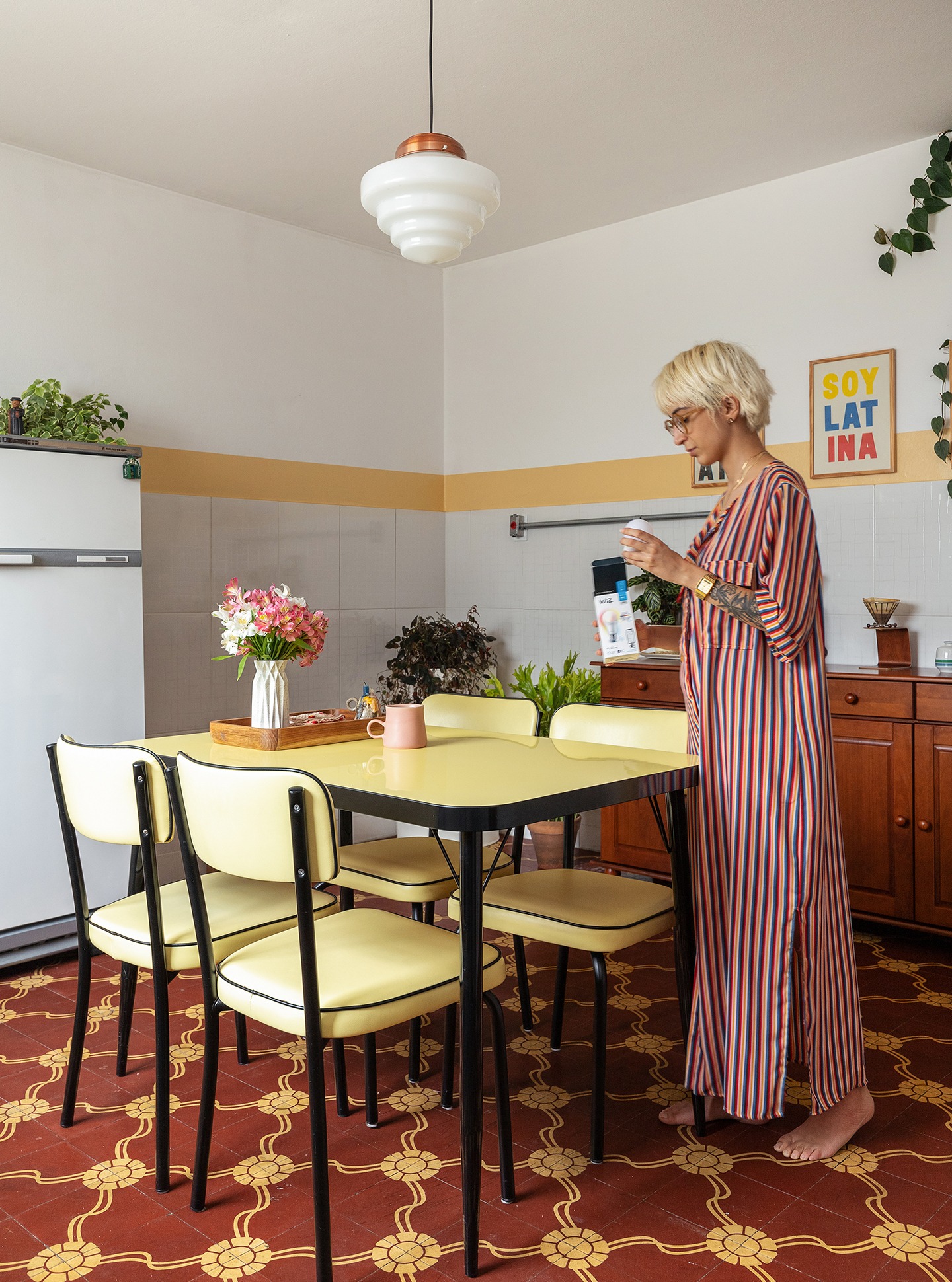 cozinha com plantas e piso antigo